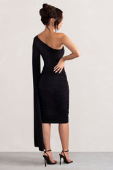 Black One Shoulder Cape Ruched Midi Dress